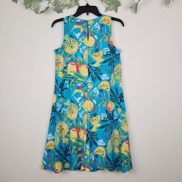 Pappagallo Size XS Blue Yellow Citrus Print Sleeveless Stretch Women's Dress - Picture 3 of 7